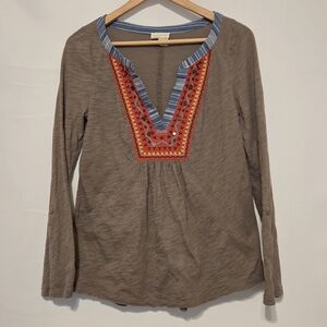 Anthropologie Meadow Rue Embroidered Boho Brown Long Sleeve Top